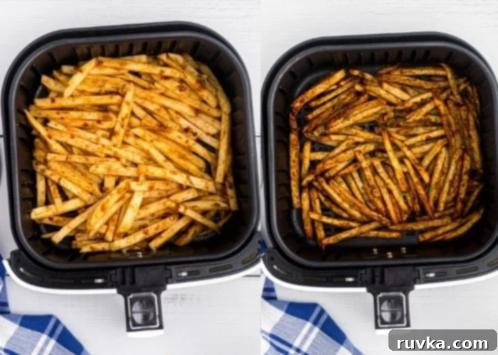 Crispy Air Fryer Seasoned Fries 6 Side by side photo of seasoned fries before and after they are cooked in an air fryer basket.