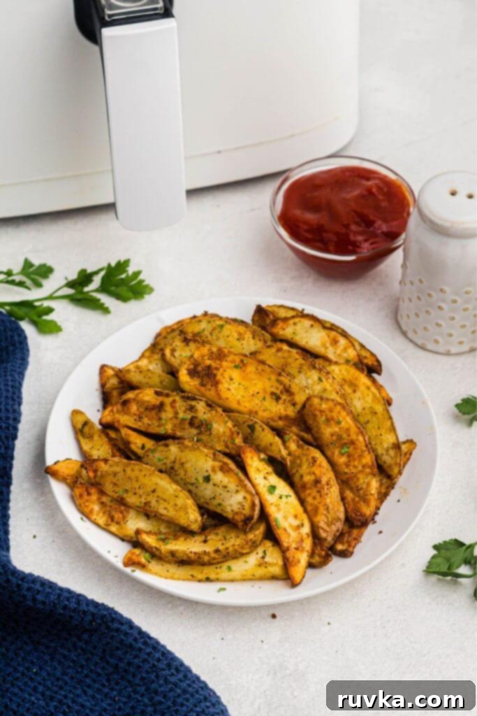 Crispy Air Fryer Potato Wedges 2 Golden seasoned potato wedges on a white plate in front of a white air fryer.