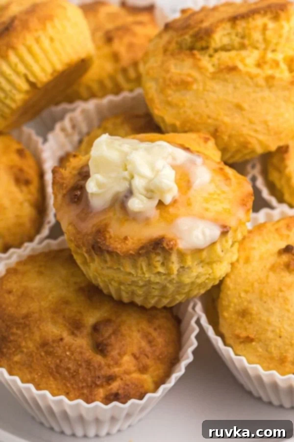 Air Fryer Cornbread Perfection 3 Two pieces of golden-brown cornbread, one stacked on top of the other, with a melted pat of butter on top.
