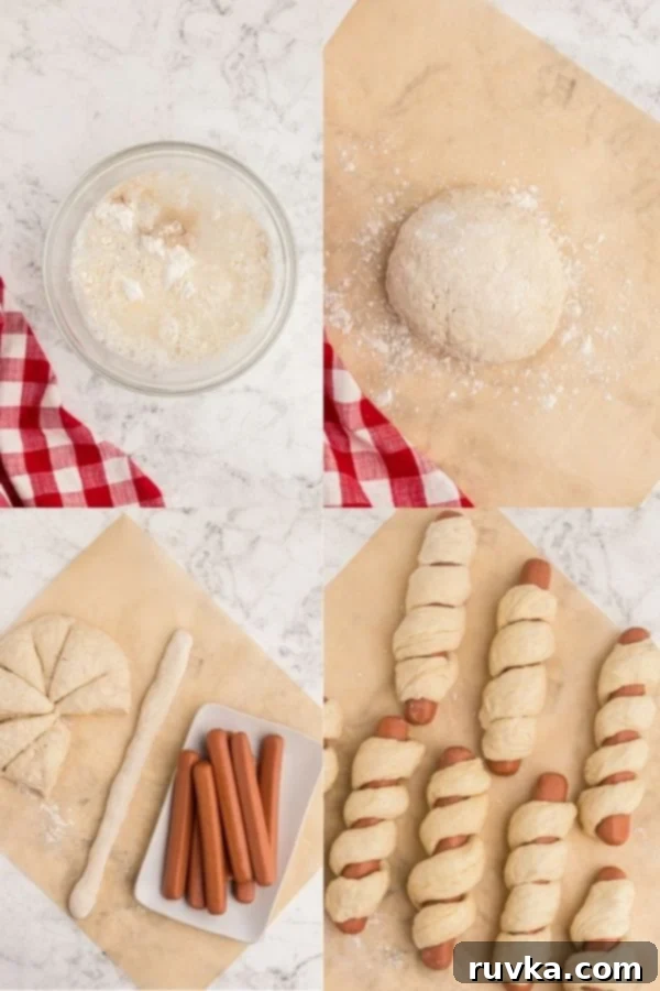 Crispy Air Fryer Pretzel Dogs 4 Step by step process of baking dough and wrapping hot dogs.