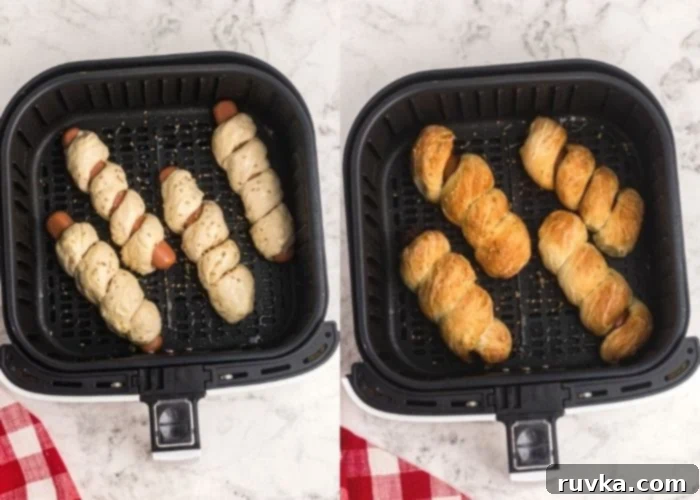 Crispy Air Fryer Pretzel Dogs 6 Before and after cooking photos of pretzel dogs in an air fryer basket.