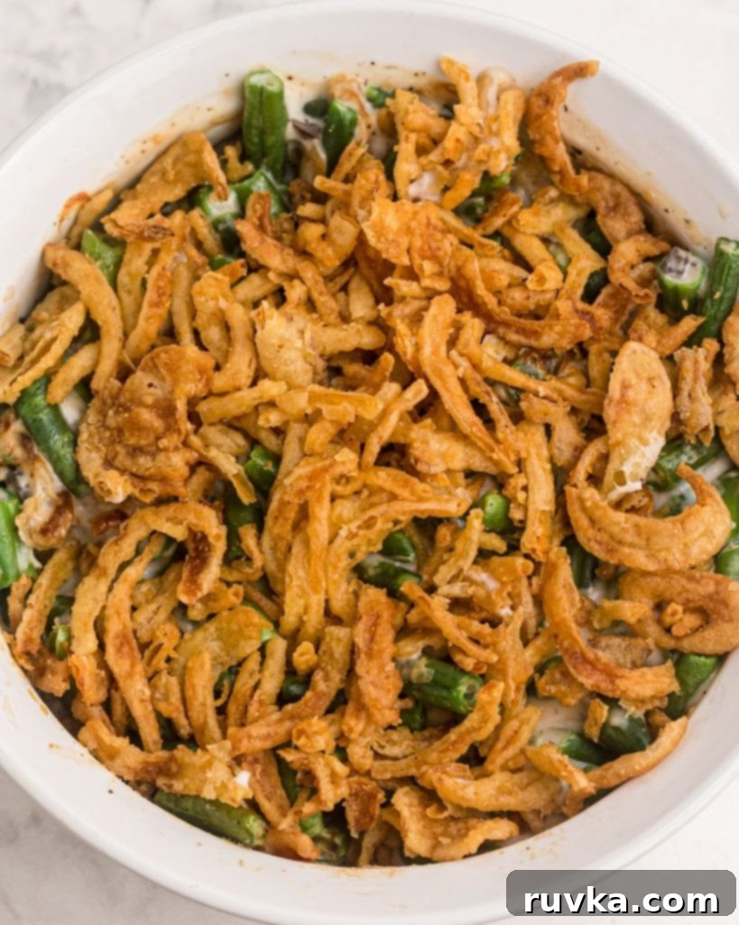 Crispy Air-Fried Green Bean Bake 7 Close up photo of green bean casserole after being cooked in the air fryer.