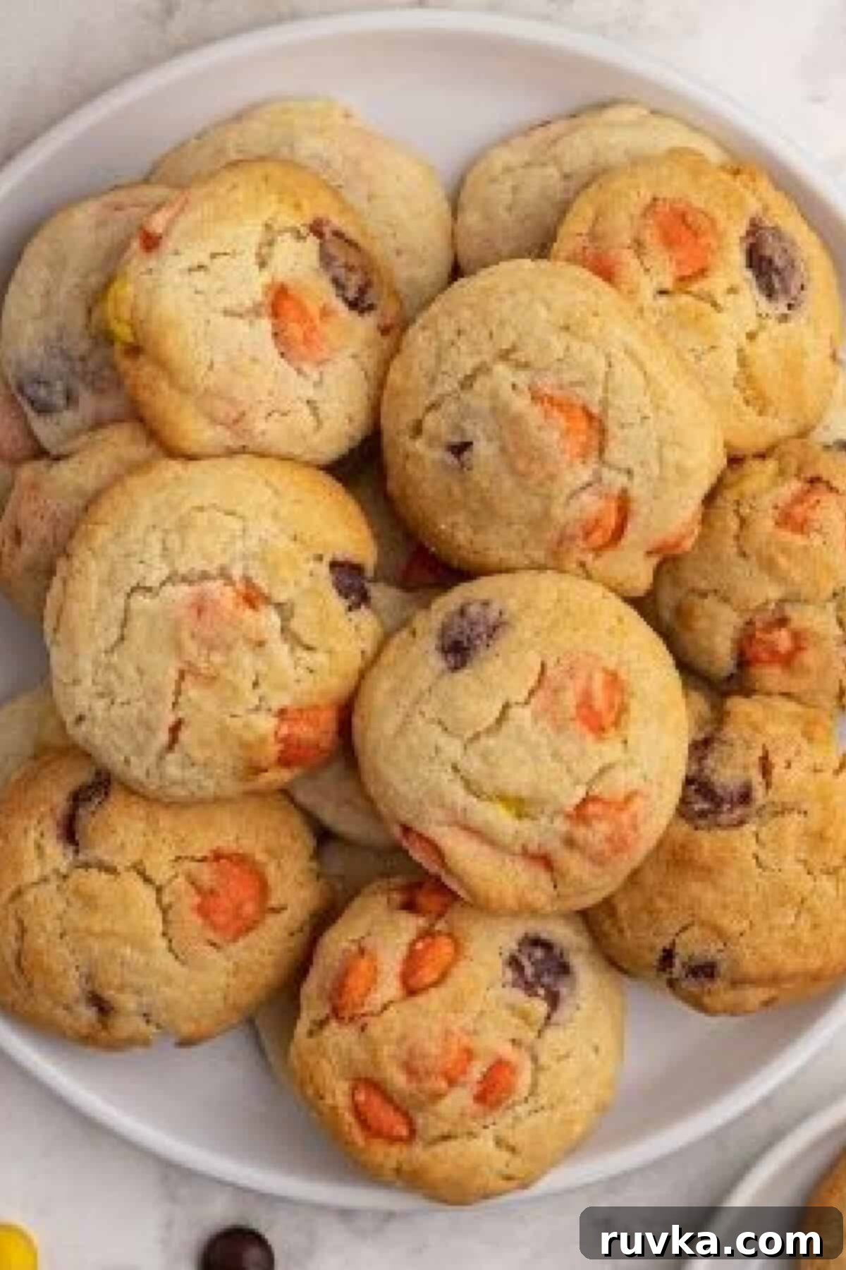 Easy Air Fryer Sugar Cookies 2 Air fryer sugar cookies with Reese's pieces on a white plate.
