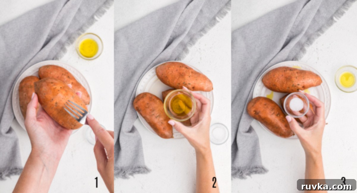 Perfect Air Fryer Sweet Potatoes 3 Process steps to prepare sweet potatoes before baking them in the air fryer.