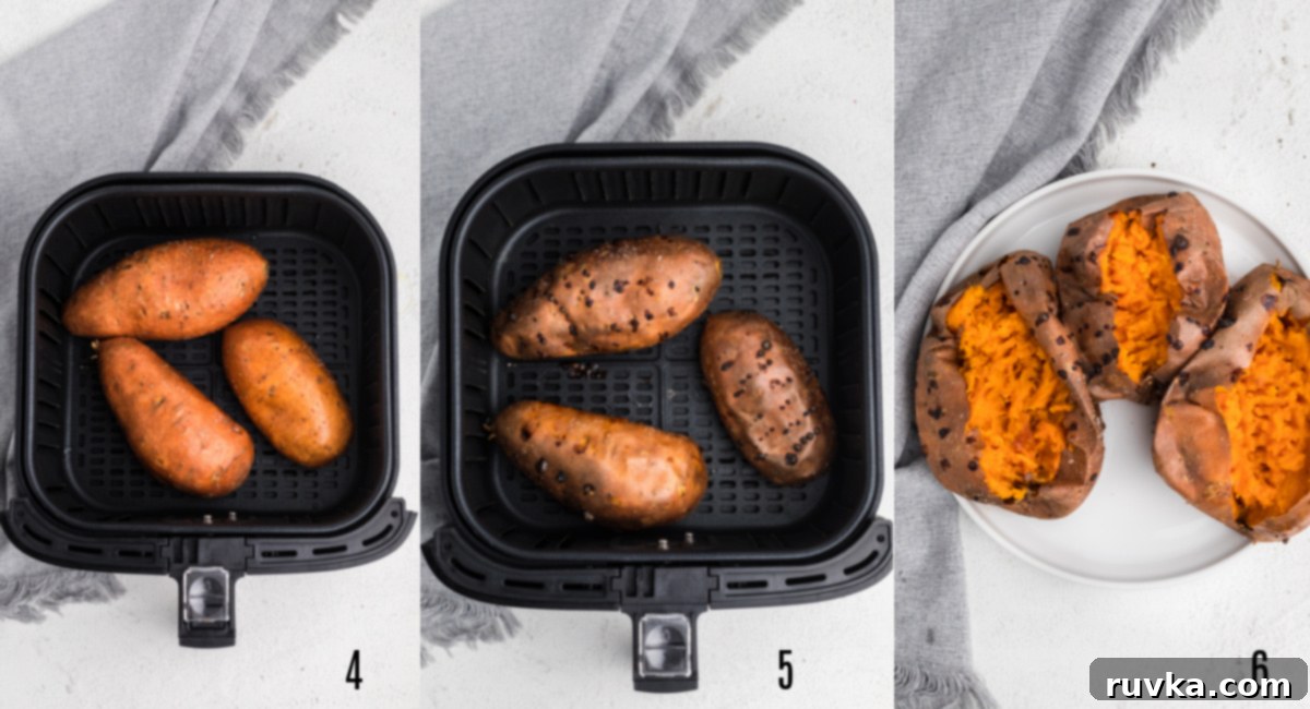 Perfect Air Fryer Sweet Potatoes 4 Set of photos showing the steps to finish making sweet potatoes in the air fryer.