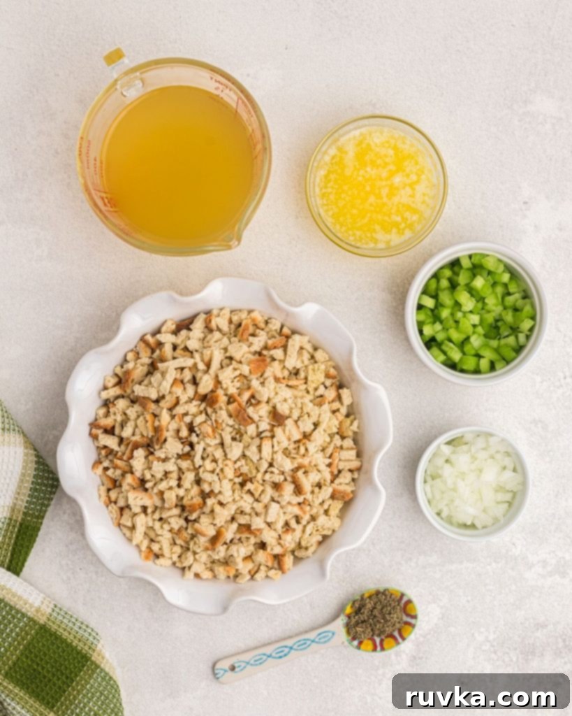 Perfectly Crispy Air Fryer Stuffing 4 Ingredients needed to make stuffing in individual bowls.