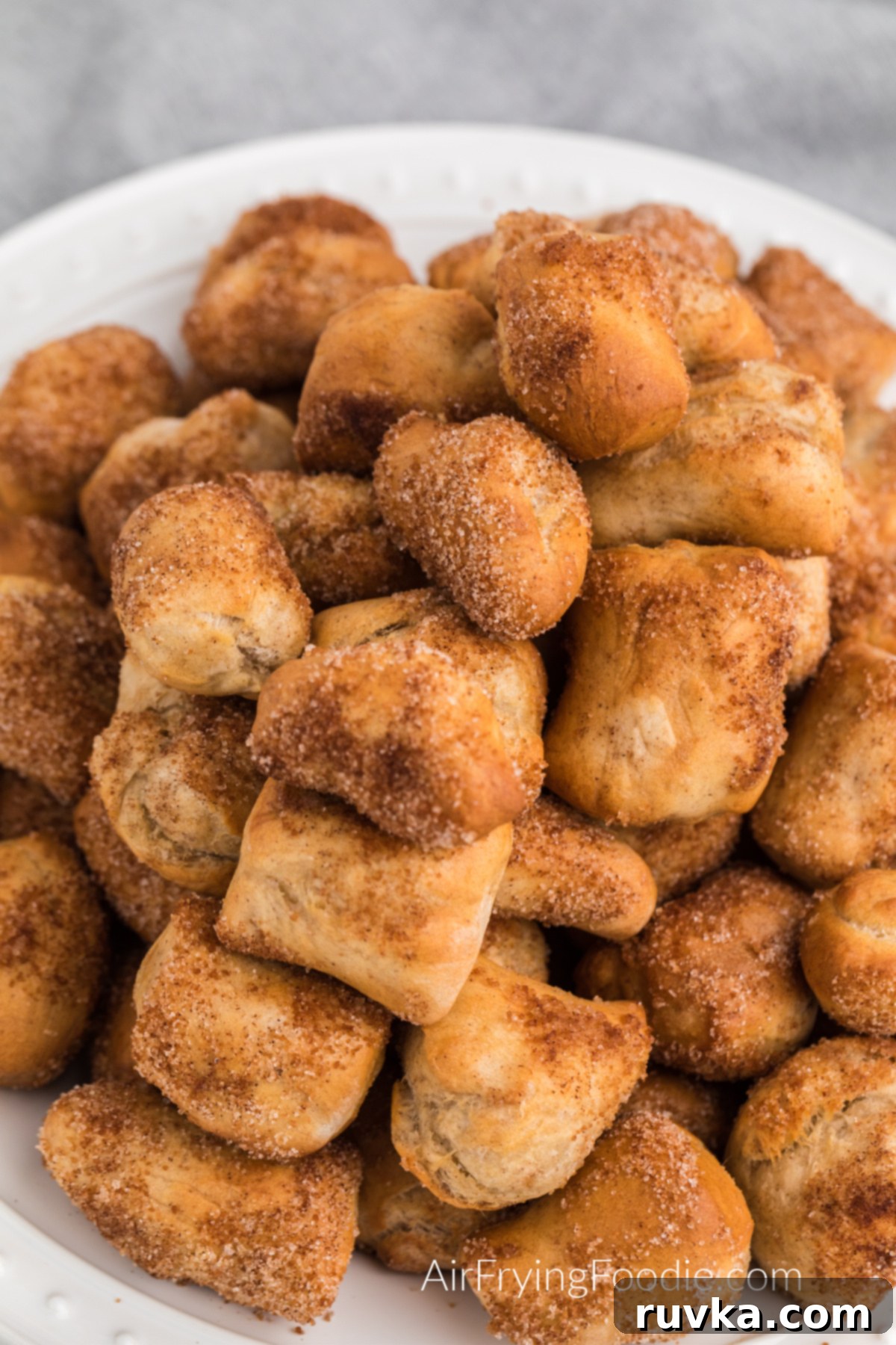 Air Fried Pretzel Perfection 2 Cinnamon Sugar Air Fryer Pretzel Bites on a white plate.