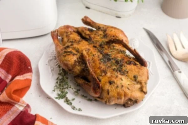 Crispy Air Fryer Duck 2 Golden and juicy full roasted duck in front of the air fryer, garnished and on a white marble table.