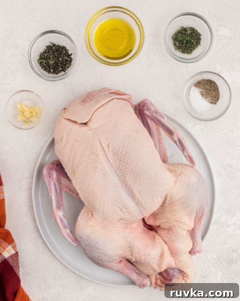 Crispy Air Fryer Duck 4 Ingredients needed to prepare duck. Whole duck, garlic, olive oil, and seasonings in small glass bowls.