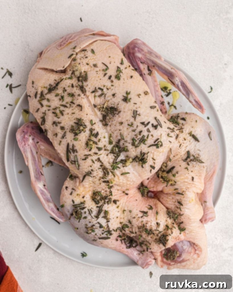 Crispy Air Fryer Duck 6 Whole duck after being brushed with oil and seasoned before being cooked.