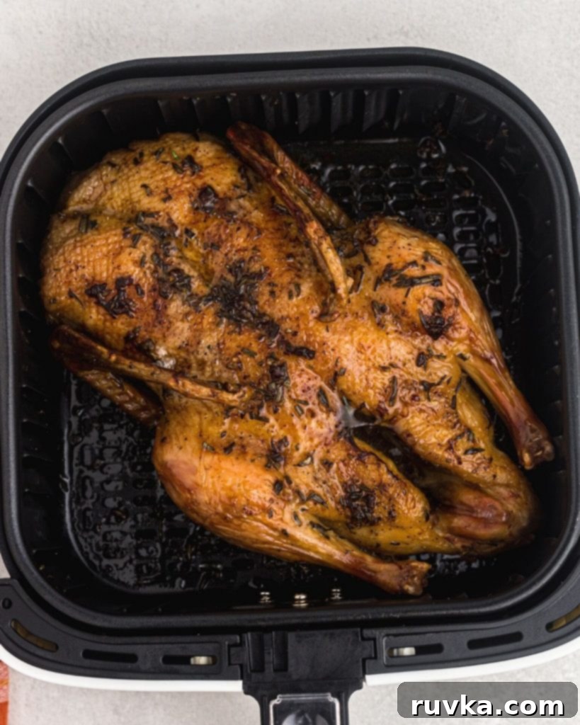 Crispy Air Fryer Duck 8 Juicy golden cooked duck in the air fryer basket.