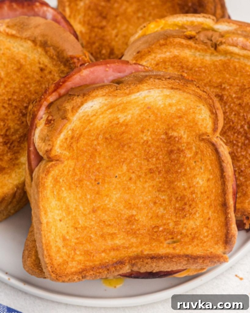 Air Fryer Golden Ham and Cheese Melt 7 Close up golden sandwich with ham and cheese coming out of the sides.