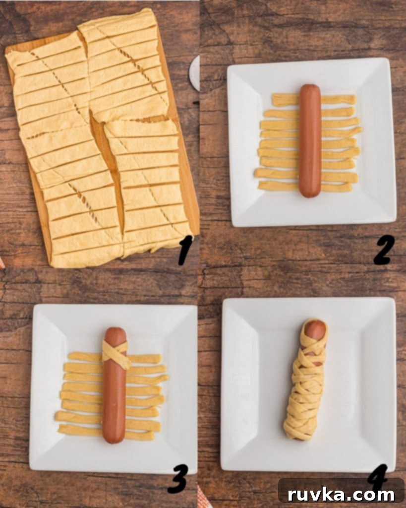 Spooky Air Fryer Hot Dog Mummies 5 A step-by-step visual demonstrating how to unroll crescent dough, cut it into strips, and then wrap a hot dog to create a mummy shape, leaving a space for the face.