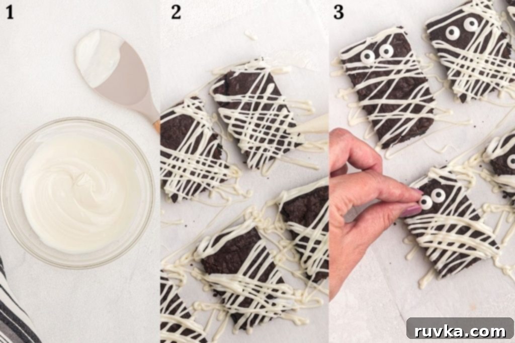 Halloween Air Fryer Mummy Brownies 8 Side by side step photos showing melting chocolate, drizzling in crisscross pattern, then topping with candy eyeballs.