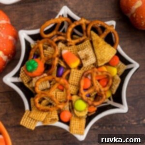 Spooktacular Air Fryer Charcuterie Board 7 A black spiderweb bowl filled with crunchy Air Fryer Halloween Chex Mix, featuring festive candies and pretzels.