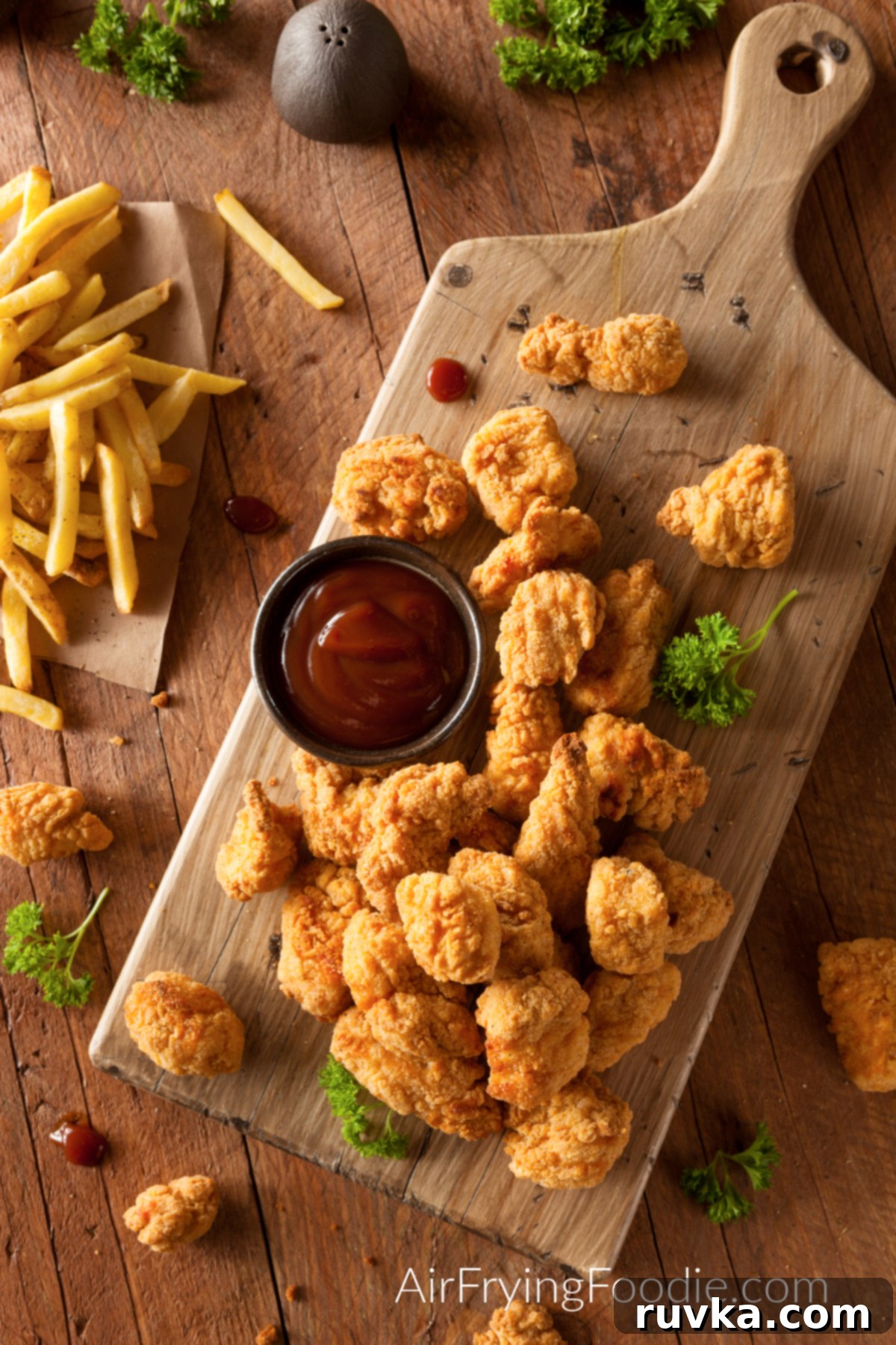 Crispy Air Fryer Chicken Bites 2 Crispy Air Fryer Chicken Bites on a cutting board served with ketchup.