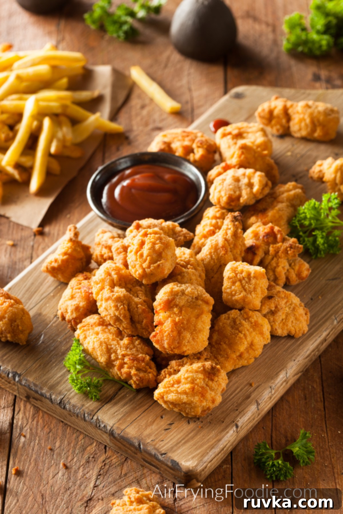 Crispy Air Fryer Chicken Bites 3 Crispy Air Fryer Chicken Bites on a cutting board ready to eat.