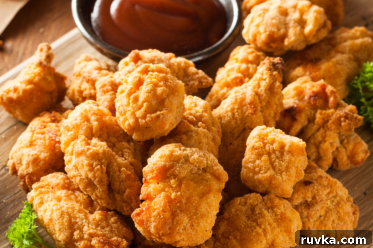 Crispy Air Fryer Chicken Bites 4 Crispy Chicken Bites on a cutting board ready to eat.