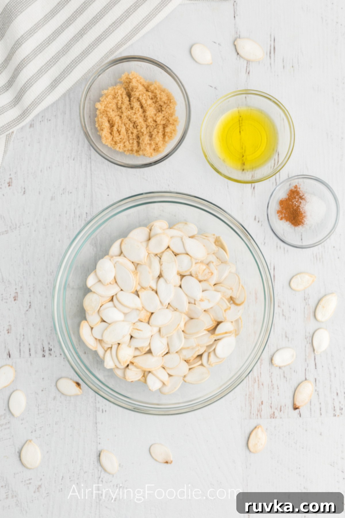 Crispy Air Fryer Pumpkin Seeds 3 Ingredients needed to make roasted pumpkin seeds in the air fryer.