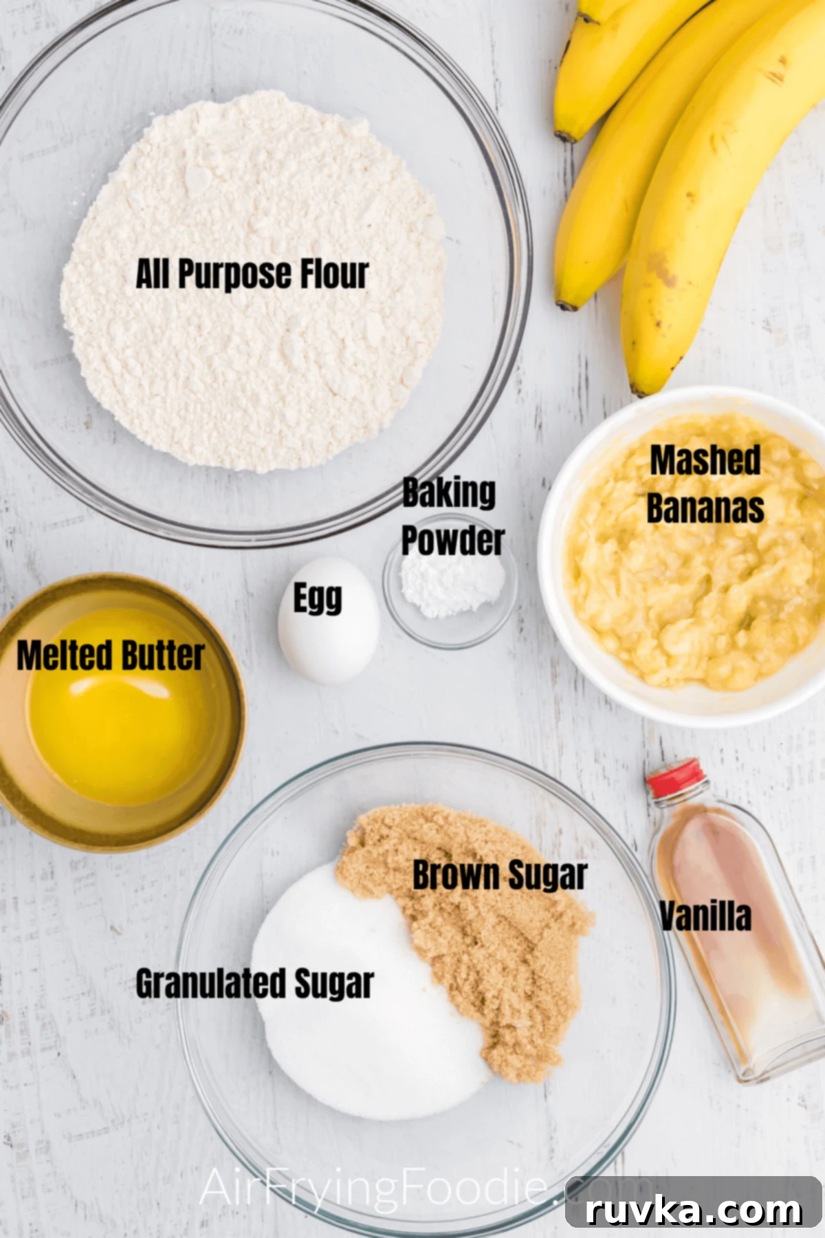 Easy Air Fryer Banana Muffins 4 Ingredients measured out to be used in making banana muffins.