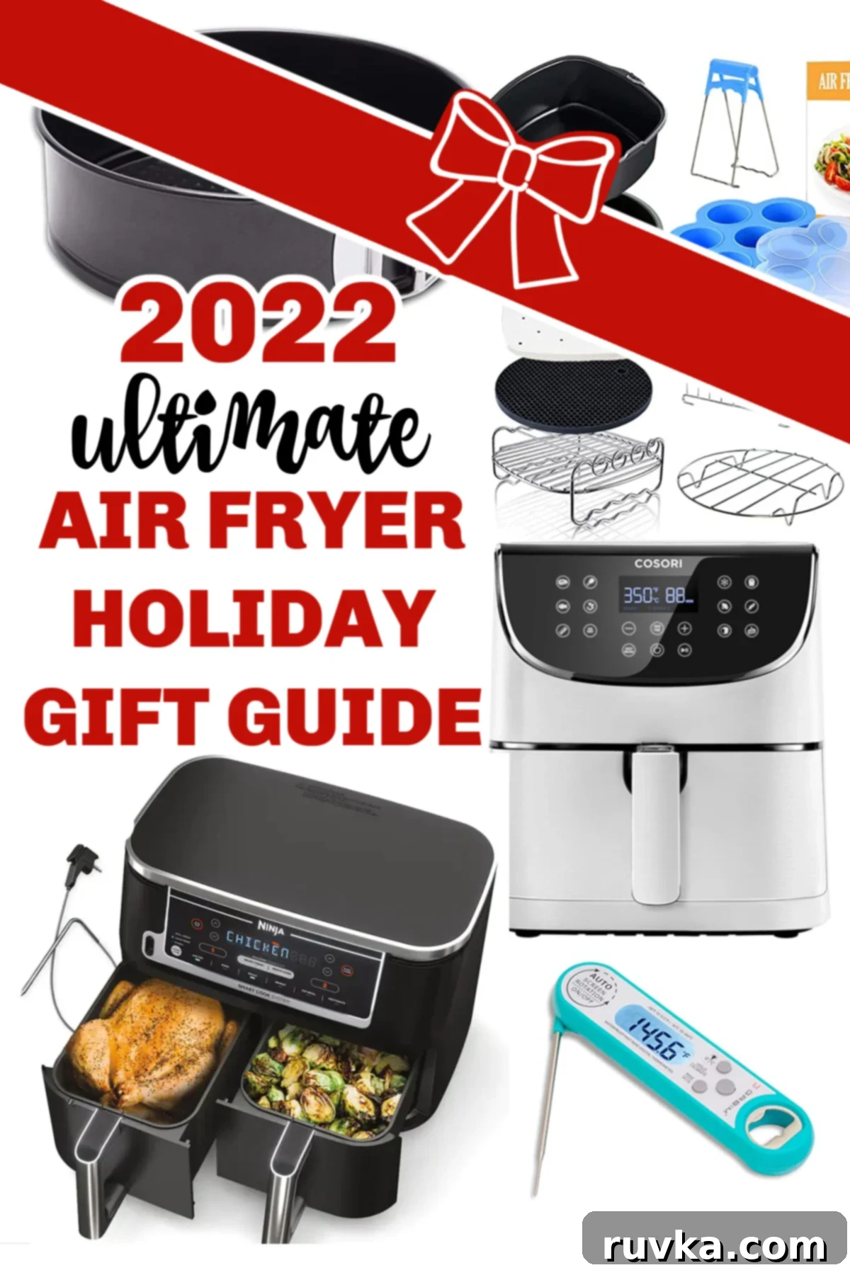 Air Fryer Holiday Gift Inspiration 3 A festive image showcasing various air fryers and essential accessories for the 2024 holiday gift guide