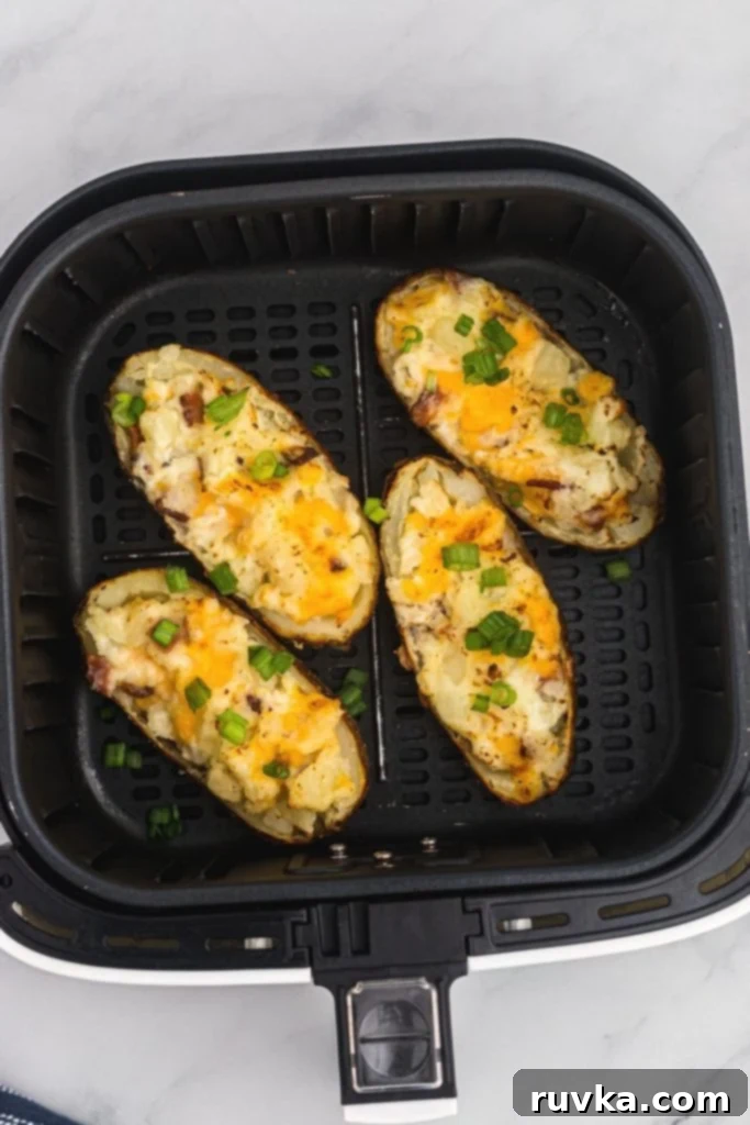Ultimate Air Fryer Twice Baked Potatoes 8 Twice baked potatoes in the air fryer basket after being cooked