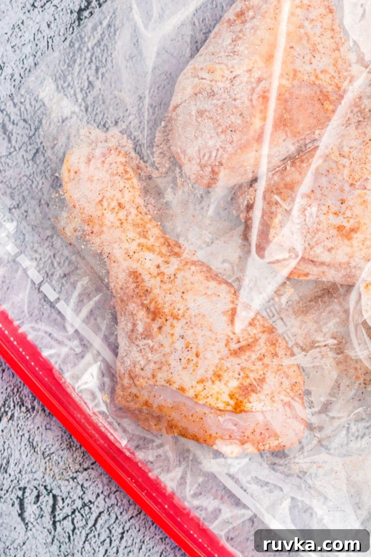 Crispy Air Fryer Drumsticks 5 Drumsticks in a ziploc bag, shaken with seasonings.