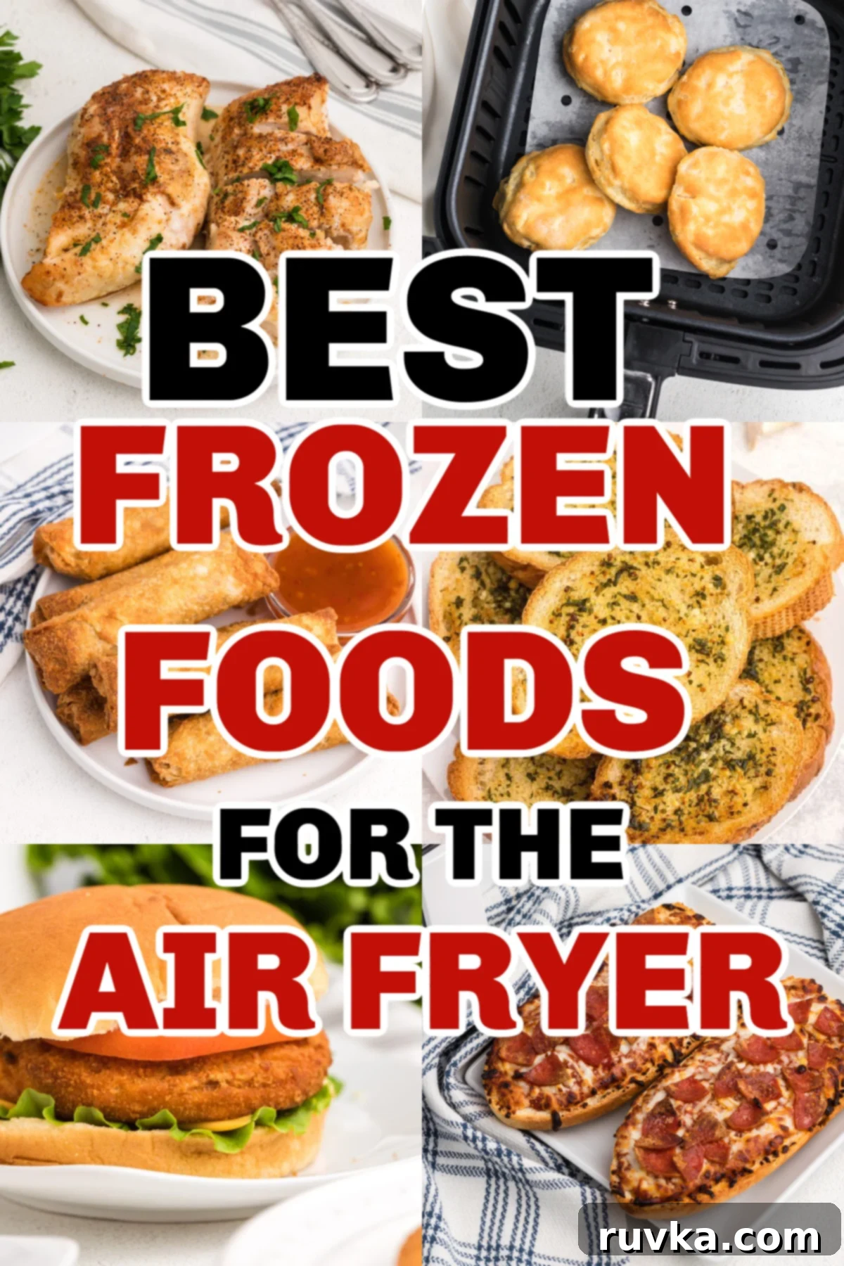 Frozen Food Favorites for the Air Fryer 2 Collage of various perfectly air-fried frozen foods, including chicken, fries, and tater tots, showcasing crispy textures. Pinnable image for air fryer enthusiasts.