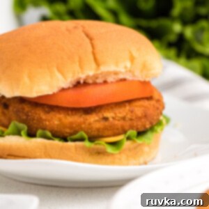 Frozen Food Favorites for the Air Fryer 16 A fully cooked chicken patty sandwich, made with frozen patties in the air fryer, served on a bun with toppings.