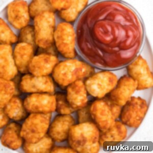 Frozen Food Favorites for the Air Fryer 18 Golden brown and perfectly crispy Tater Tots on a white plate, made in the Air Fryer, with a small bowl of ketchup on the side.