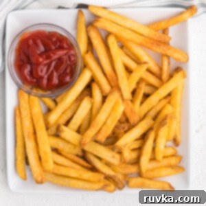 Frozen Food Favorites for the Air Fryer 5 Crispy golden french fries served on a white plate with a side of red ketchup, air-fried to perfection.