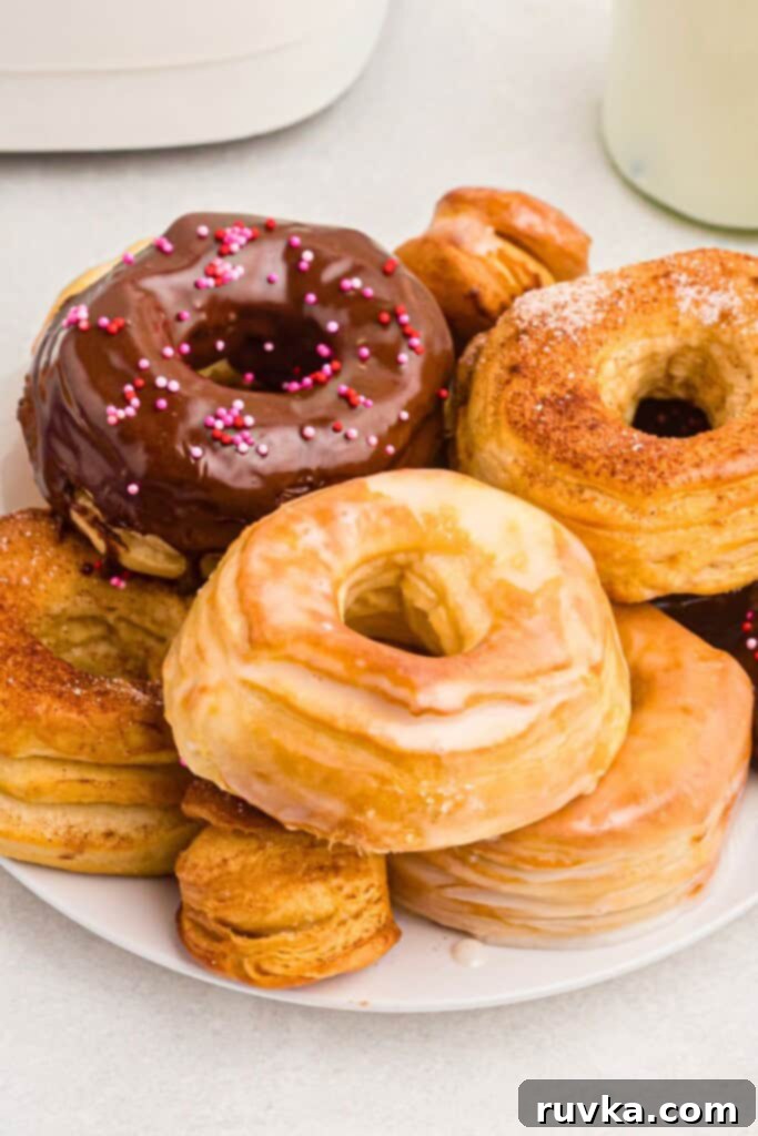 Air-Fried Donut Delights 2 A beautiful plate showcasing an assortment of homemade air fryer donuts, including glazed, sugar-coated, and chocolate-covered varieties. They are golden brown and perfectly cooked, served on a white plate atop a elegant white marble table, ready to be enjoyed as a delightful breakfast or dessert.