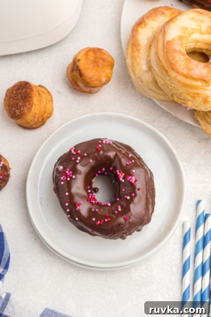 Air-Fried Donut Delights 8 A delectable chocolate-glazed air fryer donut sits on a pristine white plate, accompanied by stylish blue striped straws. The donut is perfectly round and generously coated, ready to be enjoyed as a sweet indulgence.