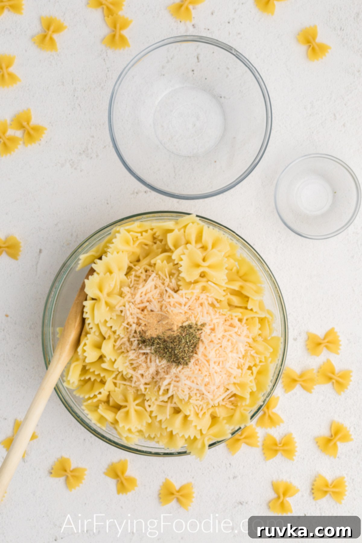 Crispy Air Fryer Pasta Chips 6 Cooked pasta with cheese and seasonings added.