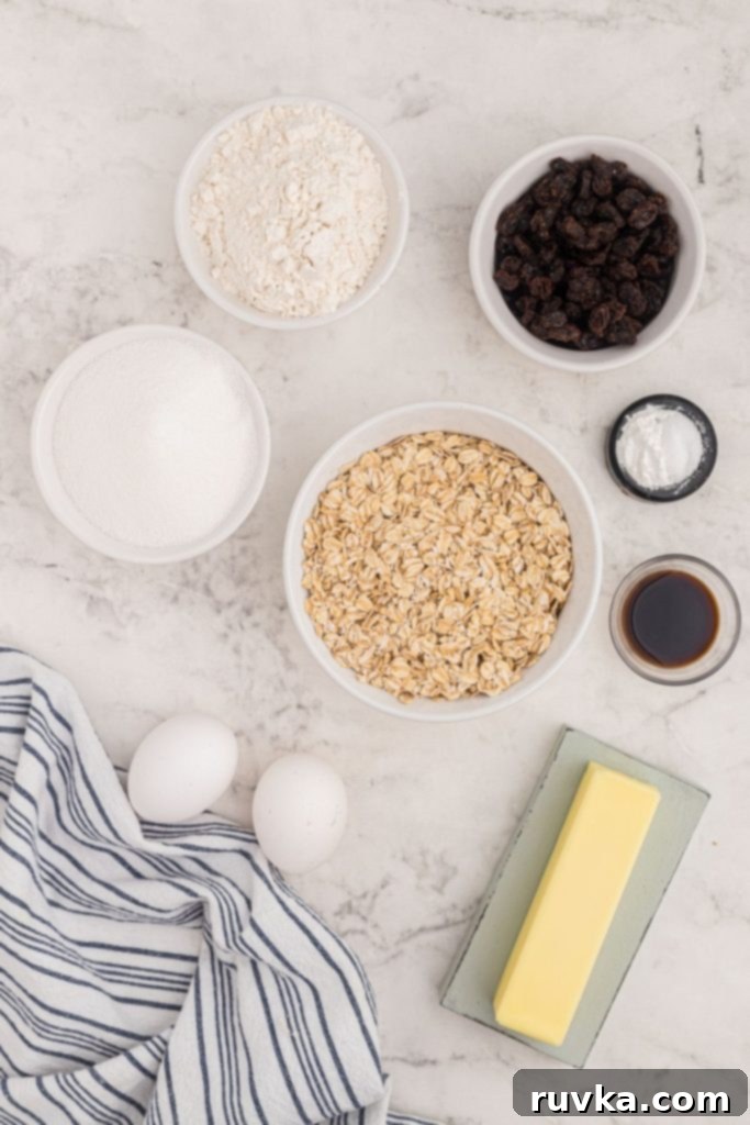 Easy Air Fryer Oatmeal Raisin Cookies 3 Ingredients needed to make cookies measured and on the table