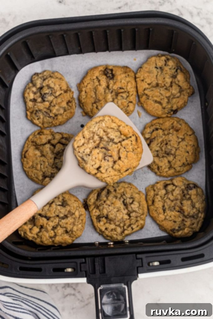 Easy Air Fryer Oatmeal Raisin Cookies 9 Golden oatmeal raisin cookies being lifted on a spatula out of the air fryer basket