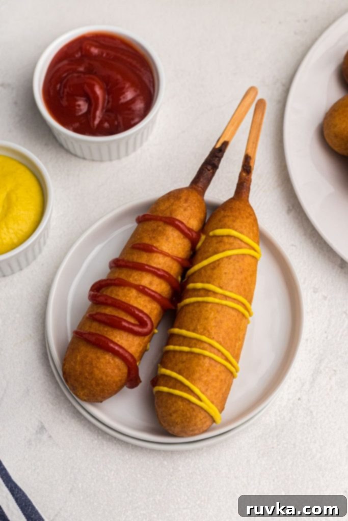 Golden Crispy Air Fryer Corn Dogs 6 Golden corn dogs on a small white plate. One has ketchup and the other has mustard on it. Served in front of small dishes with dipping sauces.