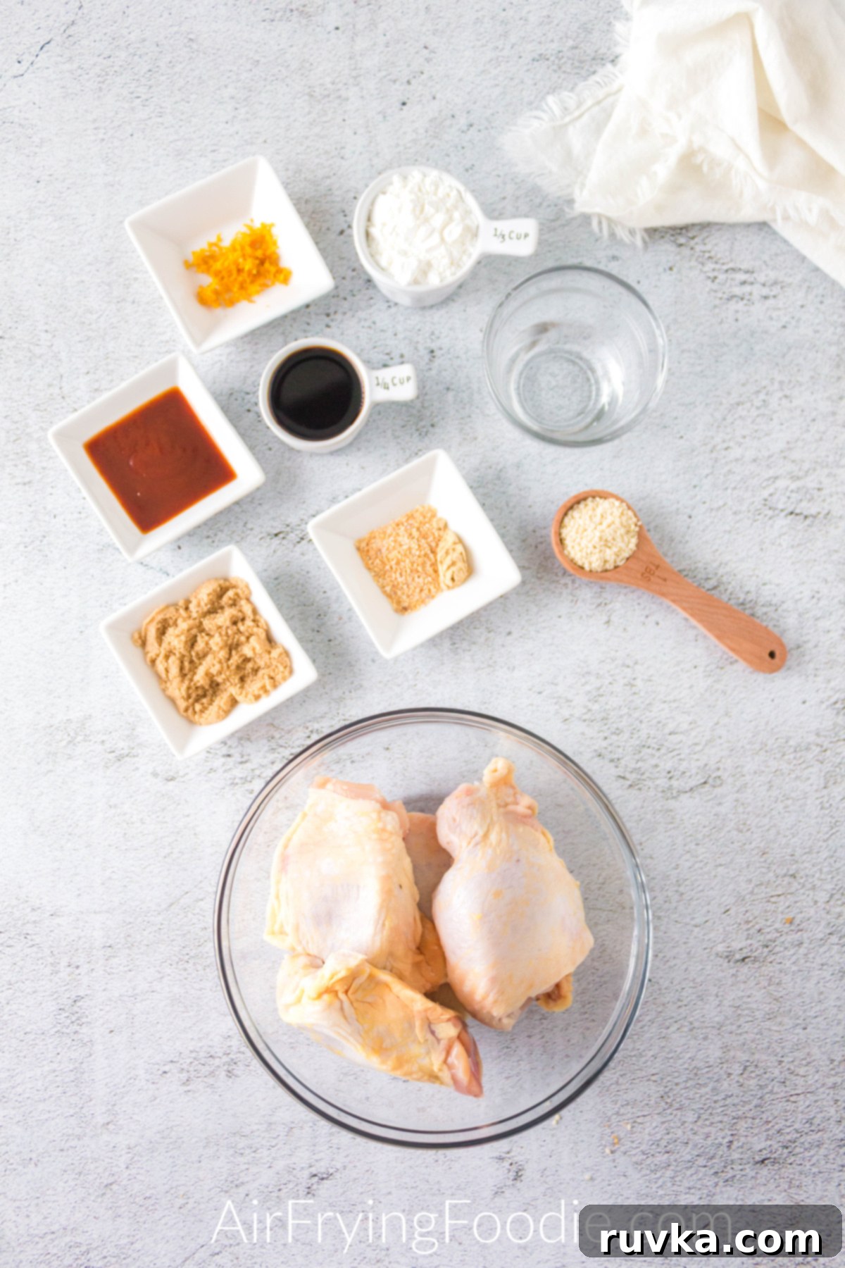 Crispy Golden Air Fryer Sesame Chicken 3 Ingredients needed to make sesame chicken in the air fryer.