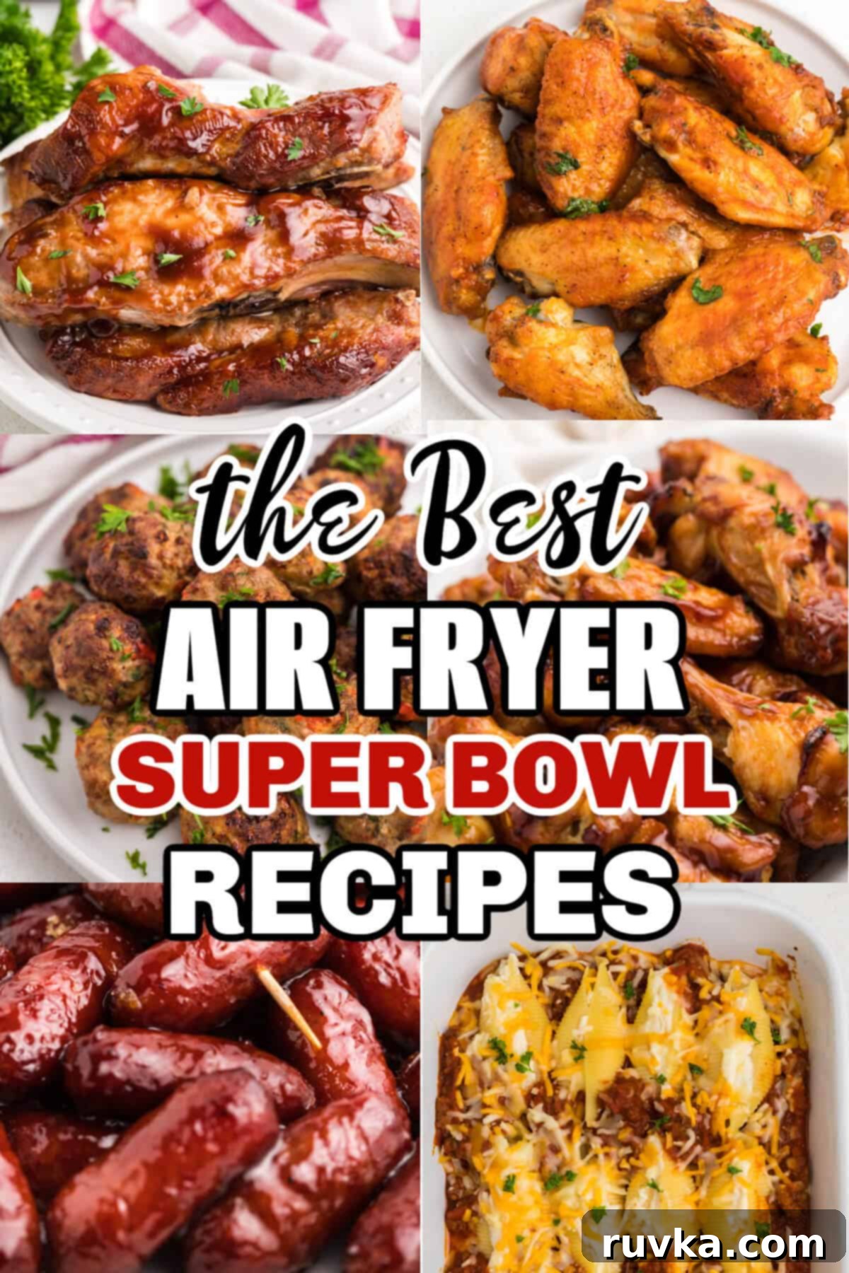 Super Bowl Air Fryer Snacks 2 A vibrant collage showcasing various air fryer game day recipes, including crispy chicken wings, cheesy mozzarella sticks, and mini pizzas, perfect for a Super Bowl party and family gatherings.