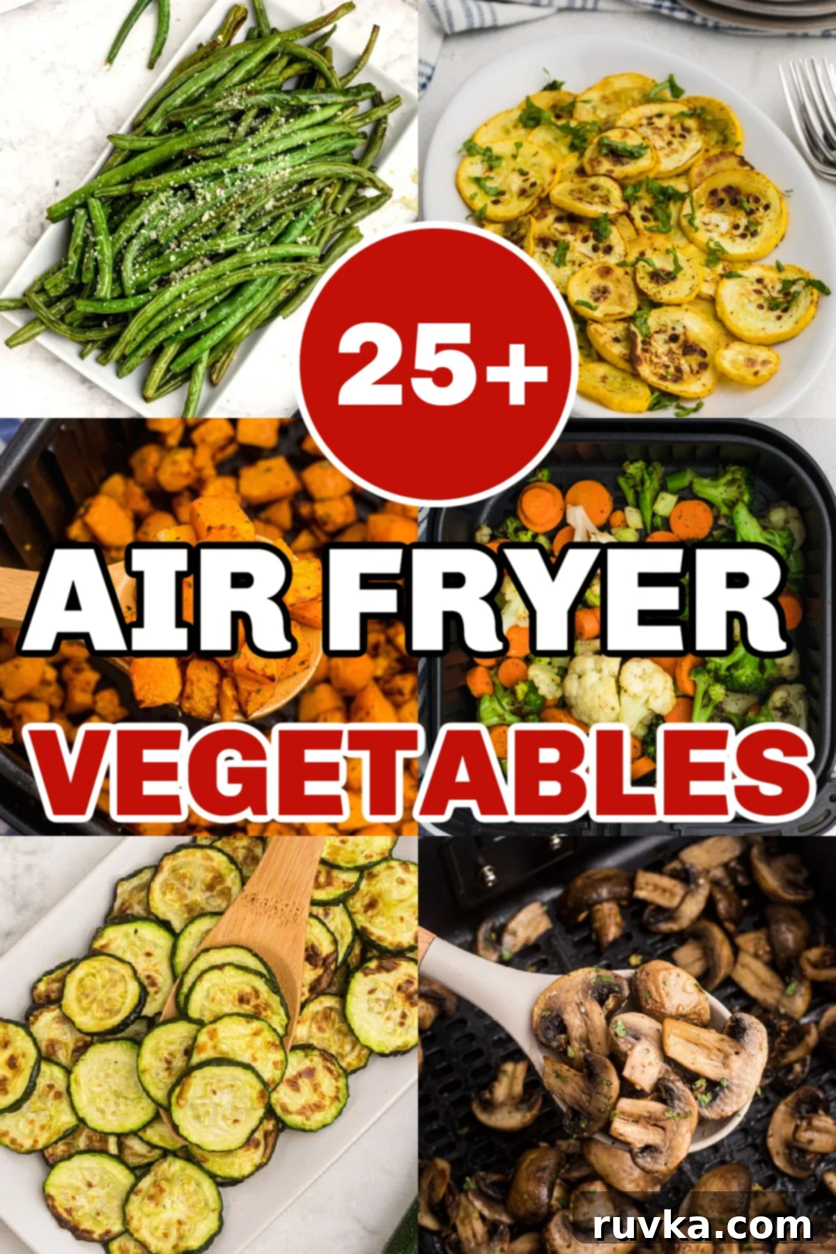 Crispy Air Fryer Veggies 2 collage of vegetable side dishes with 25+ air fryer vegetable recipes written as an overlay.