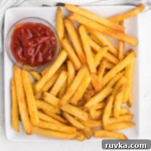 Crispy Air Fryer Veggies 11 french fries on a white plate with a side of ketchup.