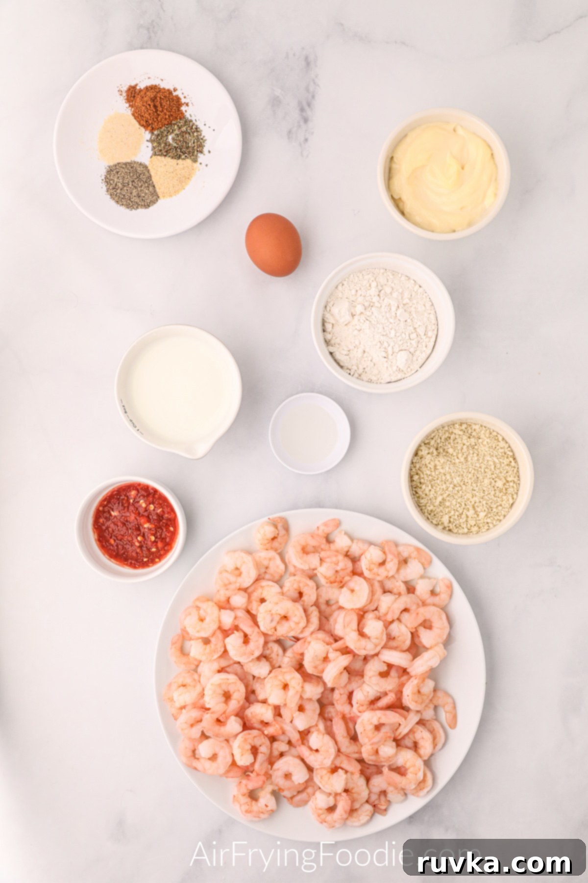 Crispy Air Fryer Bang Bang Shrimp 3 Ingredients needed to make bang bang shrimp in the air fryer.