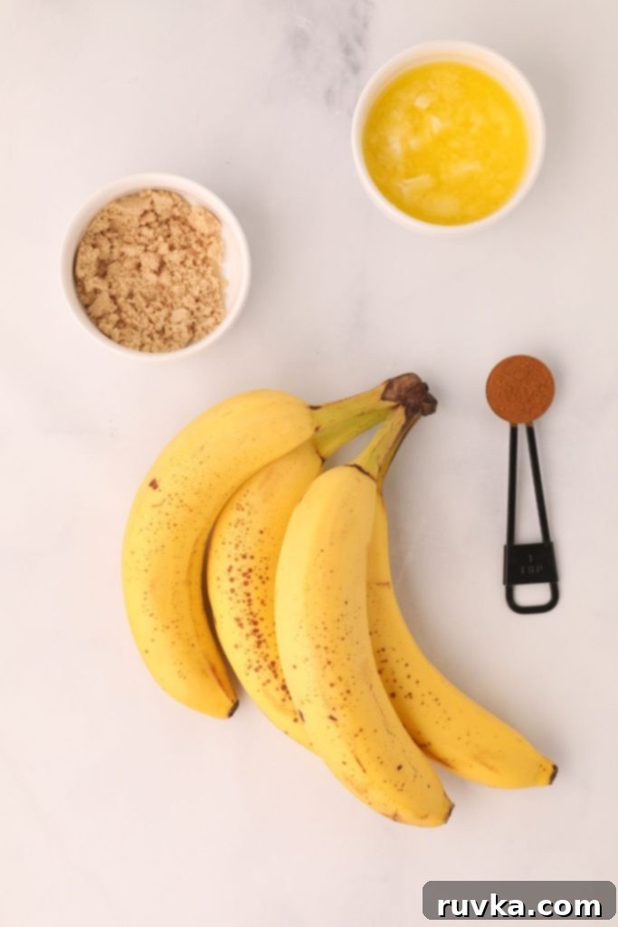 Caramelized Air-Fried Bananas 3 Ingredients needed to make air fryer bananas, measured and placed on a white marble table.