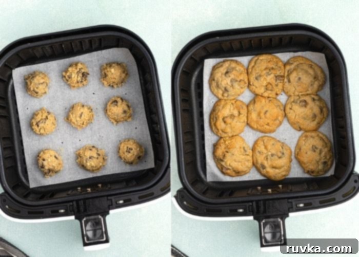 Air Fryer DoubleTree Delights 3 Side by side photos of cookie dough and cooked cookies in the air fryer basket.