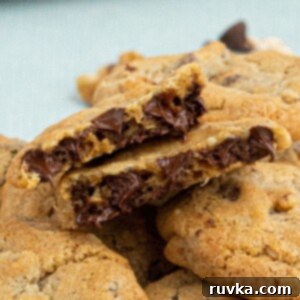 Air Fryer DoubleTree Delights 5 Close up photo of chocolate chip cookies with melting chocolate dripping out of cookie.