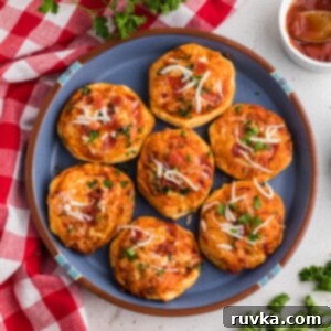 Crispy Air Fryer Pizza Bites 8 Overhead photo of air fryer mini pizzas on a blue plate.