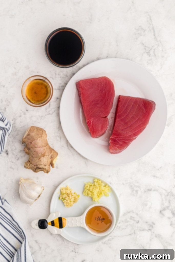 Crispy Air Fryer Tuna Steaks 3 Ingredients needed to make tuna steaks in seasonings and honey sauce