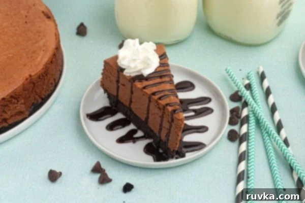 Decadent Air Fryer Chocolate Cheesecake 2 Slice of chocolate cheese cake on a white plate drizzled with chocolate and topped with whipped cream.