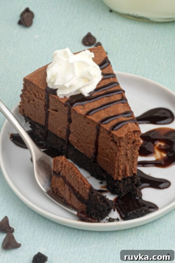 Decadent Air Fryer Chocolate Cheesecake 9 Slice of chocolate cheesecake on a white plate with chocolate drizzle and whipping cream on top.