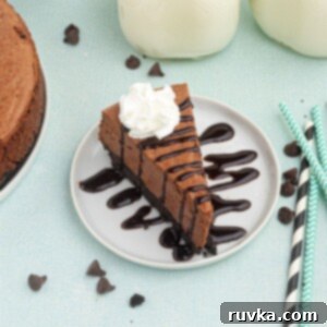 Decadent Air Fryer Chocolate Cheesecake 10 Slice of Chocolate Cheesecake on a white plate, with drizzle of chocolate on top.